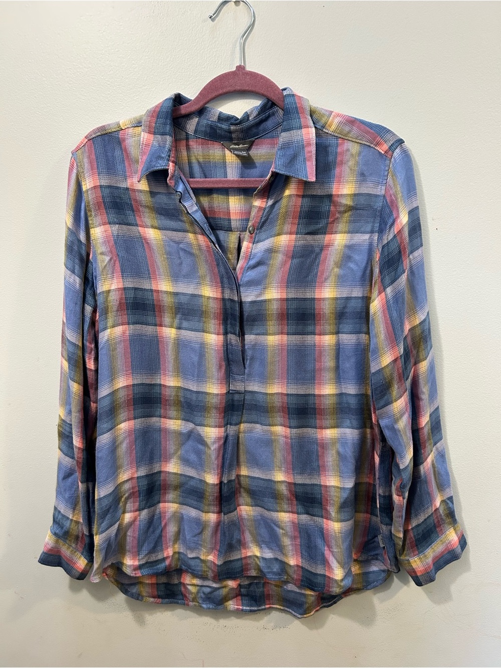 Eddie Bauer Plaid button up Shirt in Blue, Pink, Yellow